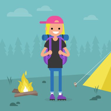 Genç kadın backpacker bir ormanda seyahat. Kamp gezisi. / düzenlenebilir vektör çizim, küçük resim düz