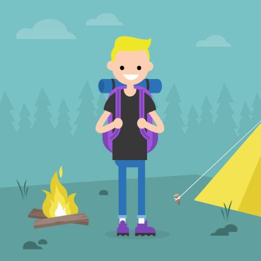 Genç backpacker bir ormanda seyahat. Kamp gezisi. / düzenlenebilir vektör çizim, küçük resim düz