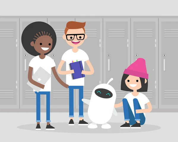 Strojové Učení Ilustrace Roztomilé Bílé Robot Obklopen Studenty Školní Chodbě — Stockový vektor