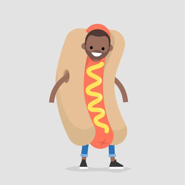 Premier Boulot Jeune Personnage Noir Portant Costume Hot Dog Illustration — Image vectorielle