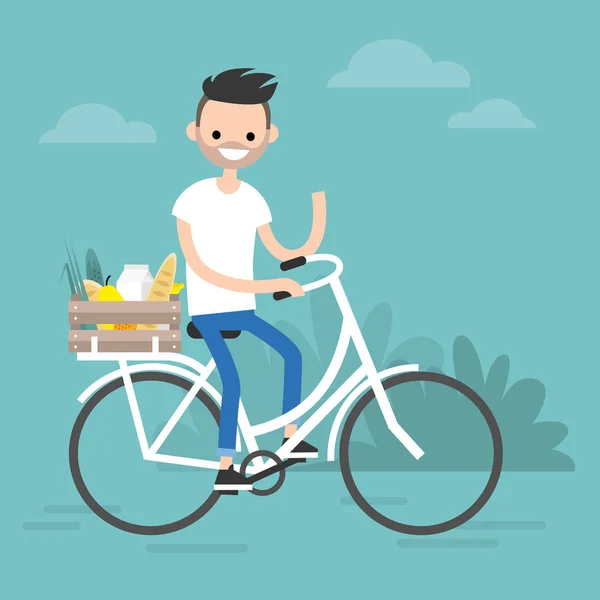 Jonge Teken Leveren Voedsel Fiets Plat Bewerkbare Vectorillustratie Illustraties — Stockvector