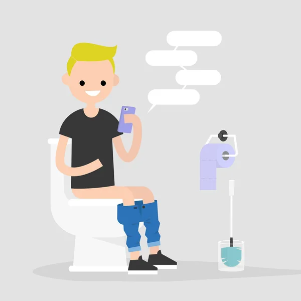 Personagem Jovem Usando Smartphone Banheiro Hábitos Modernos Ilustração Vetorial Editável — Vetor de Stock