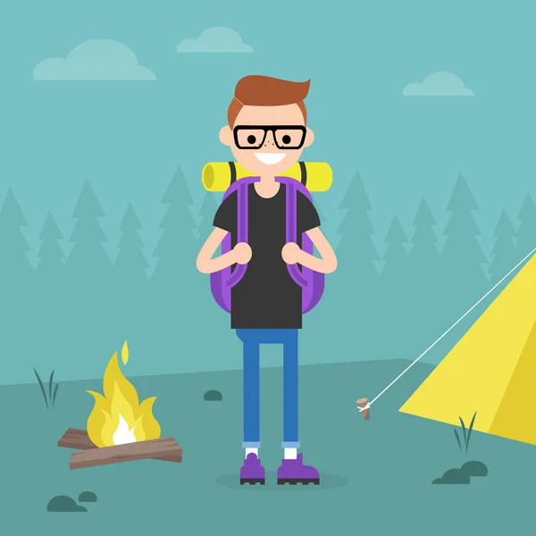 Unga Backpacker Resa Skog Campingtur Platt Redigerbara Vektorillustration Clipart — Stock vektor