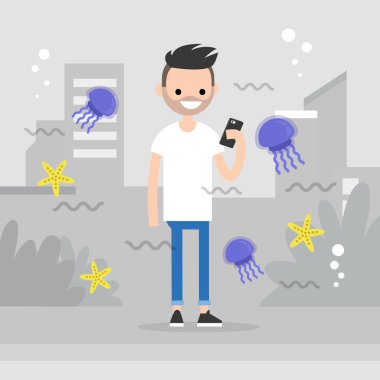 Artırılmış gerçeklik kavramsal çizimi. Artırılmış gerçeklik görüntülerin deniz yaşamı çevrili şehir dolaşan genç karakter. Düz düzenlenebilir vektör çizim, küçük resim