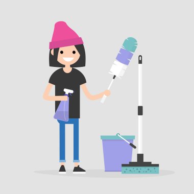 Cleaning the apartment, conceptual illustration. Young female character holding the cleaning tools: a feather duster and a cleaning spray / flat editable vector illustration, clip art clipart