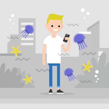 Artırılmış gerçeklik kavramsal çizimi. Artırılmış gerçeklik görüntülerin deniz yaşamı çevrili şehir dolaşan genç karakter. Düz düzenlenebilir vektör çizim, küçük resim