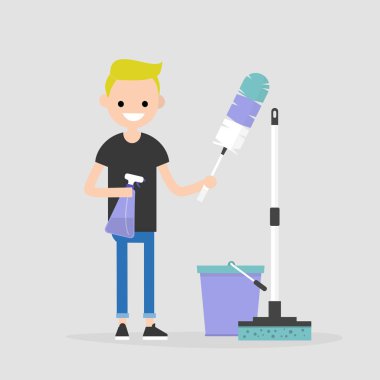 Temizleme daire, kavramsal çizimi. Temizlik tutan genç karakter araçları: bir tüy silgi ve bir temizlik sprey / düz düzenlenebilir vektör resim, küçük resim