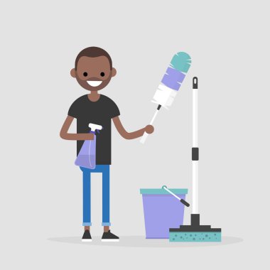 Temizleme daire, kavramsal çizimi. Genç siyah temizlik araçları tutarak karakter: bir tüy silgi ve bir temizlik sprey / düz düzenlenebilir vektör resim, küçük resim