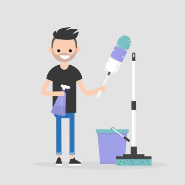 Temizleme daire, kavramsal çizimi. Temizlik tutan genç karakter araçları: bir tüy silgi ve bir temizlik sprey / düz düzenlenebilir vektör resim, küçük resim