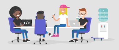 Modern ofis. Onların dizüstü bilgisayarlarda çalışan ve proje tartışıyor bin yıllık çalışanların bir takım / düz düzenlenebilir vektör çizim, küçük resim