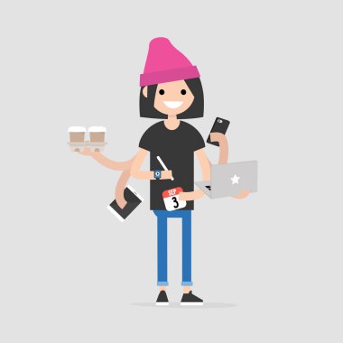 Intern, conceptual illustration. Multitasking millennial concept. Young female character with six hands doing a lot of tasks at the same time  / flat editable vector illustration clipart