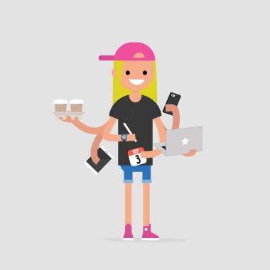 Stajyer, kavramsal çizimi. Çoklu görev bin yıllık kavramı. Genç kadın karakter altı elle görevleri bir çok işi aynı anda / düz düzenlenebilir vektör çizim