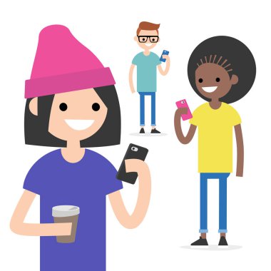 Mobil messenger kavramı. Sosyal medya. Bir grup genç insan akıllı / düz düzenlenebilir vektör resim, küçük resim