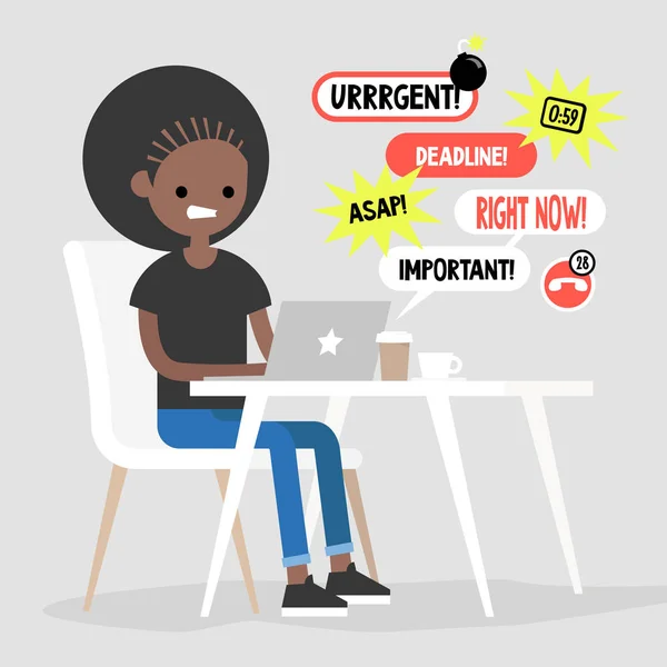 Zwarte Vrouwelijke Manager Een Stelletje Meldingen Laptop Messenger Ontvangen Oplossen — Stockvector
