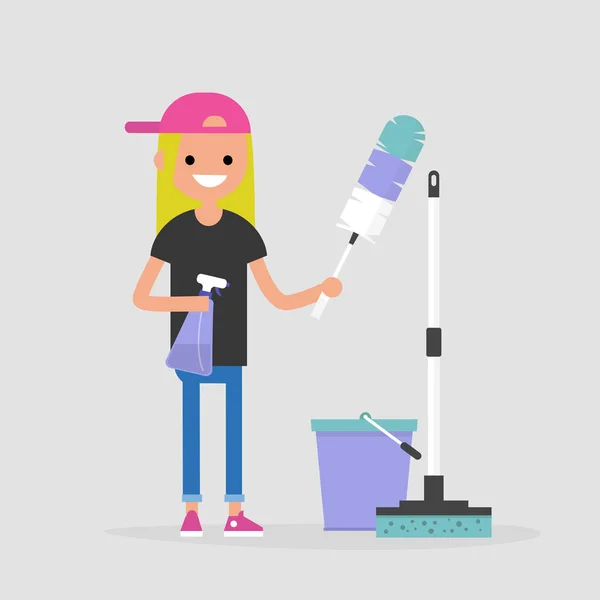 Cleaning the apartment, conceptual illustration. Young female character holding the cleaning tools: a feather duster and a cleaning spray / flat editable vector illustration, clip art