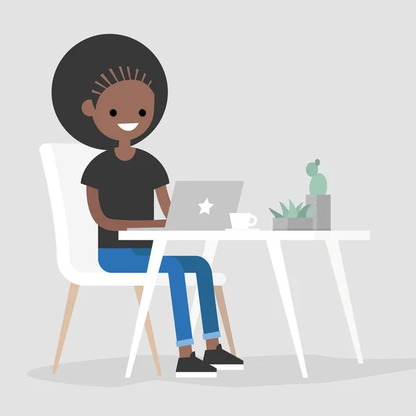 工作空间 黑人女孩在笔记本电脑上打字 平面可编辑的矢量插图 剪贴画 — 图库矢量图片