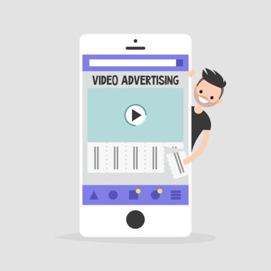 Video reklam mobil ekranda. Genç karakter bir reklam baktılar. Reklam ayırma. Düz düzenlenebilir vektör çizim, küçük resim. Millennials için verimli reklam biçimi