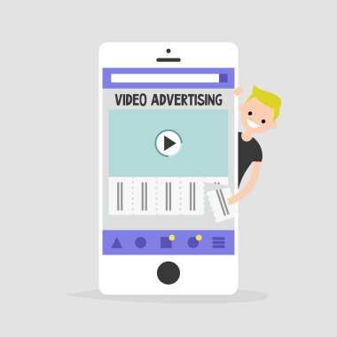 Video reklam mobil ekranda. Genç teen karakter bir reklam baktılar. Reklam ayırma. Düz düzenlenebilir vektör çizim, küçük resim. Millennials için verimli reklam biçimi