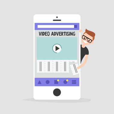 Video advertising on a mobile screen. Young teen character interested in an advertising. Tear-off ad. Flat editable vector illustration, clip art. Efficient ad format for millennials clipart