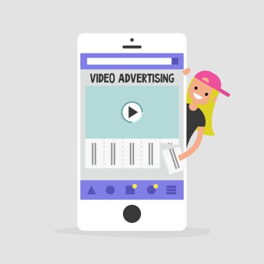 Video reklam mobil ekranda. Genç kadın karakter bir reklam baktılar. Reklam ayırma. Düz düzenlenebilir vektör çizim, küçük resim. Millennials için verimli reklam biçimi
