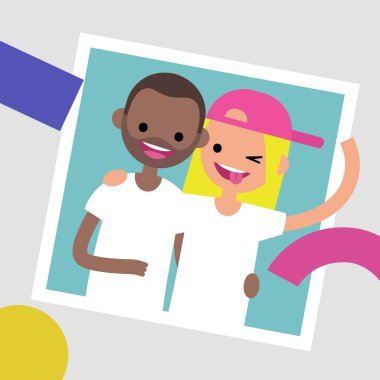 En iyi arkadaşlar fotoğraf çerçevelemek. İki genç arkadaşlar birbirlerine sarılma. Düz düzenlenebilir vektör çizim, küçük resim