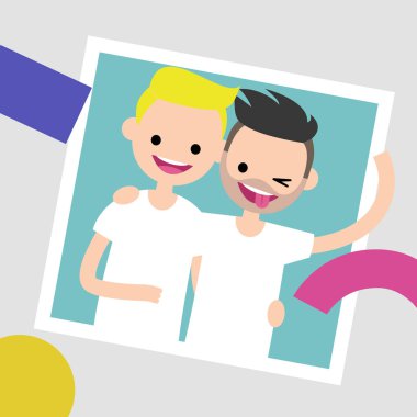 En iyi arkadaşlar fotoğraf çerçevelemek. İki genç arkadaşlar birbirlerine sarılma. Düz düzenlenebilir vektör çizim, küçük resim