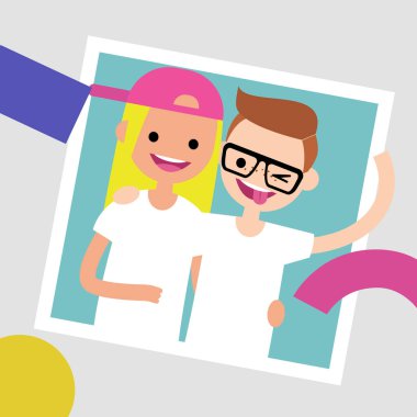 En iyi arkadaşlar fotoğraf çerçevelemek. İki genç arkadaşlar birbirlerine sarılma. Düz düzenlenebilir vektör çizim, küçük resim