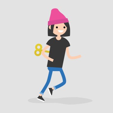 Genç kadın karakteri bir saat mekanizması ile. Verimlilik kavramsal çizimi. Düz düzenlenebilir vektör çizim, küçük resim