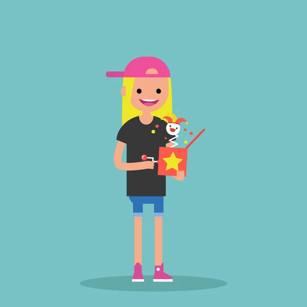 Joven Personaje Femenino Sosteniendo Jack Caja Plana Ilustración Vectorial Editable — Archivo Imágenes Vectoriales