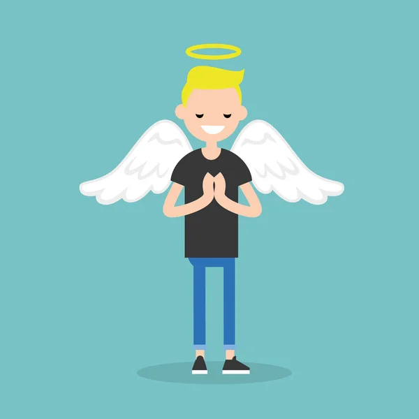 Joven Personaje Con Traje Ángel Nimbus Alas Plana Editable Vector — Vector de stock