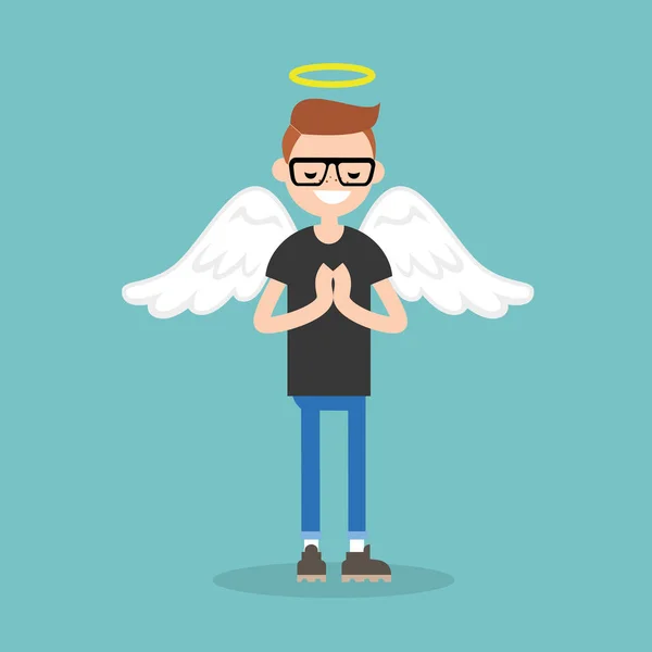 Personagem Jovem Vestindo Traje Anjo Nimbus Asas Plana Ilustração Vetorial — Vetor de Stock