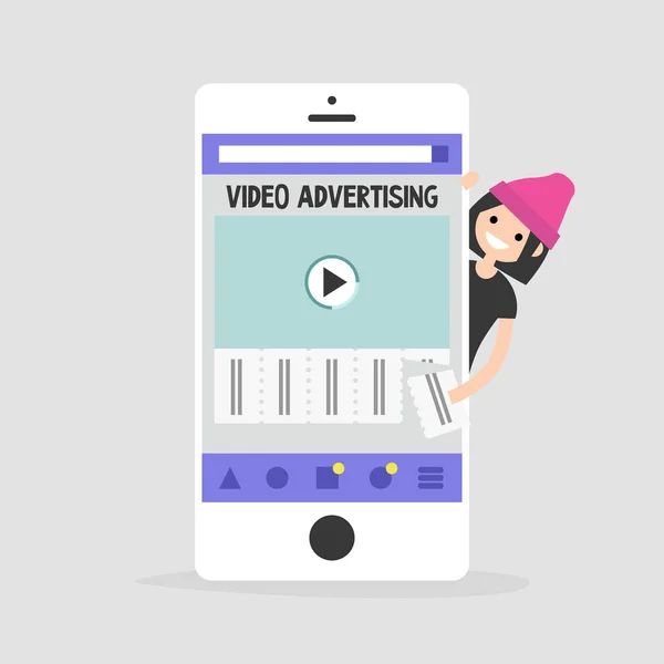 Video Reklam Mobil Skärm Ung Kvinnlig Karaktär Intresserade Reklam Avrivningsbara — Stock vektor