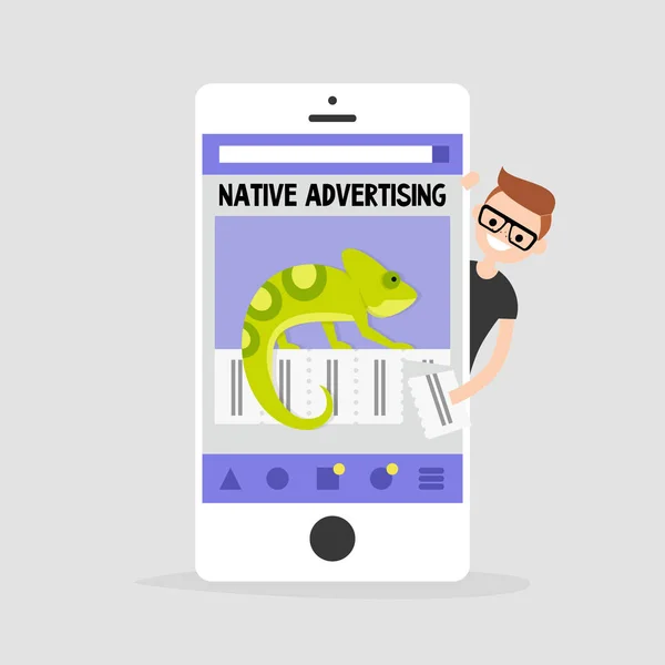 Native Werbung Konzeptionelle Illustration Junge Nerdfigur Die Hinter Dem Smartphone — Stockvektor