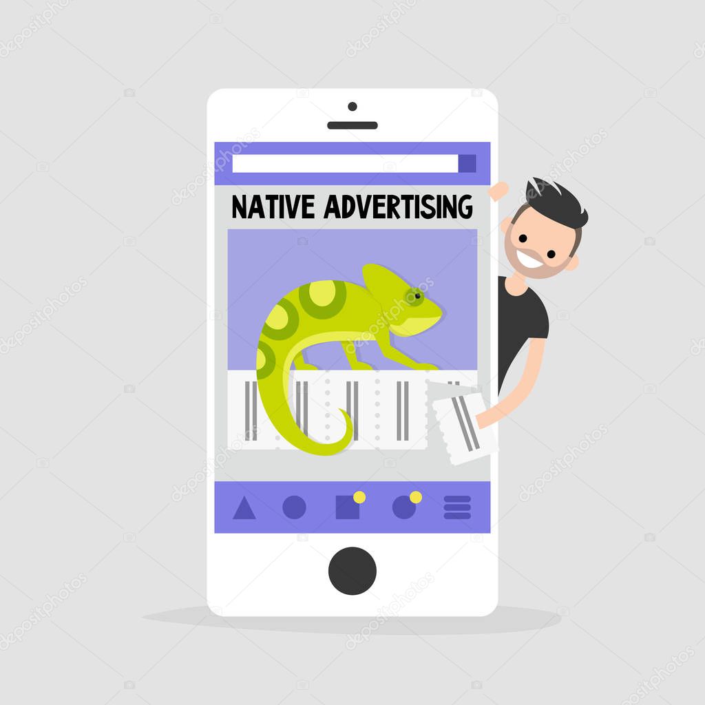 Native advertising conceptual illustration. Young character peeking out from behind the smartphone. Chameleon as a metaphor of native ads / flat editable vector illustration, clip art
