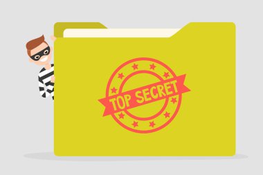 Confidential information stealing. Cyber security. Yellow folder with a Top secret stamp. Flat editable vector illustration, clip art clipart