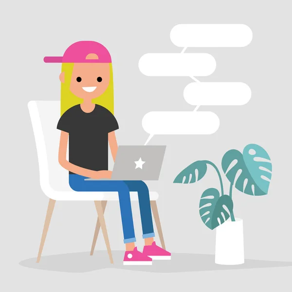 Joven Personaje Femenino Escribiendo Mensajes Portátil Comunicación Remota Estilo Vida — Vector de stock