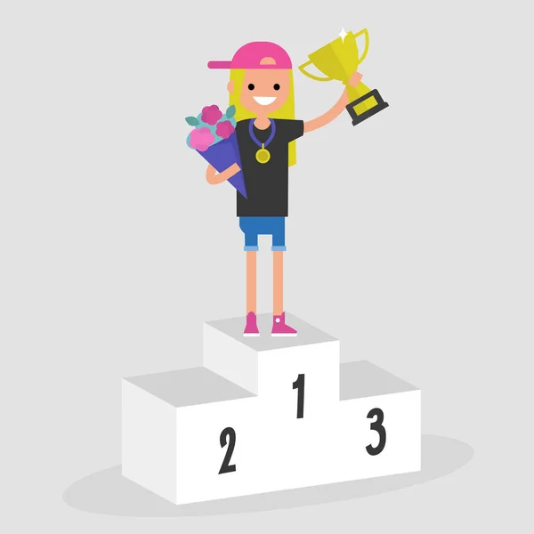 Cérémonie Remise Jeune Personnage Féminin Tenant Une Coupe Championne Bouquet — Image vectorielle