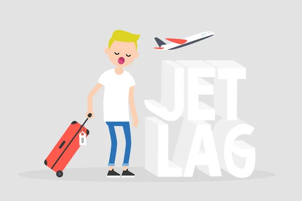 Conceptuele Afbeelding Van Jetlag Young Uitgeput Karakter Gapende Luchthaven Vlucht — Stockvector