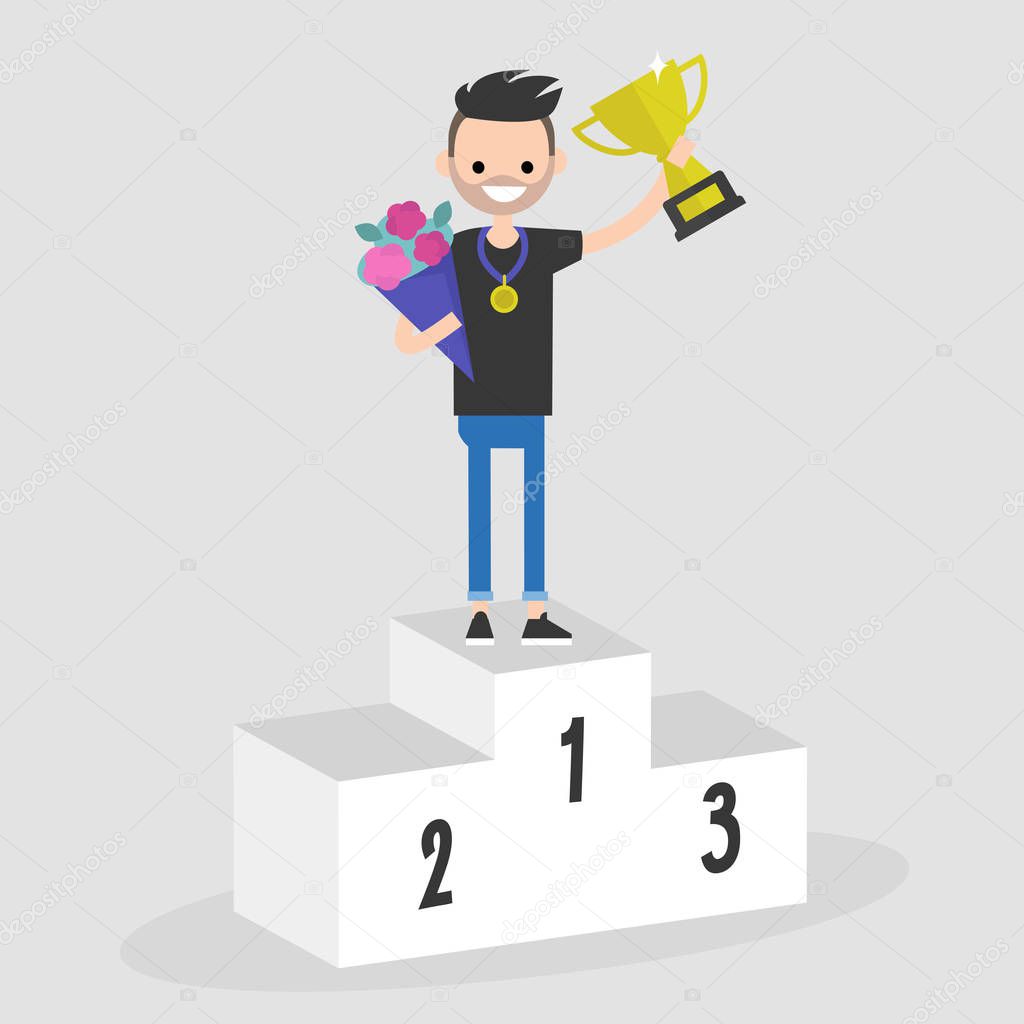 Award ceremony. Young bearded character holding a champion cup and a bouquet of flowers. Success. Victory. The best. Flat editable vector illustration, clip art