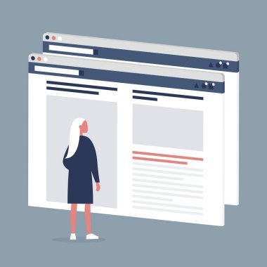 Kadın Internet Kullanıcı bir Web sayfası ziyaret etti. Yaşam tarzı medya. Web sitesi düzeni. İçerik. Teknoloji. Düz düzenlenebilir vektör çizim, küçük resim