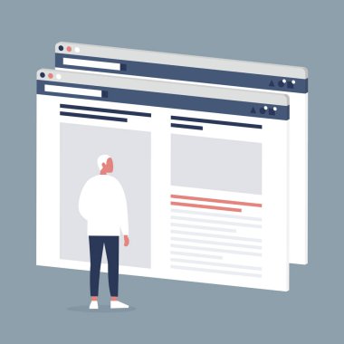 Erkek Internet Kullanıcı bir Web sayfası ziyaret etti. Yaşam tarzı medya. Web sitesi düzeni. İçerik. Teknoloji. Düz düzenlenebilir vektör çizim, küçük resim