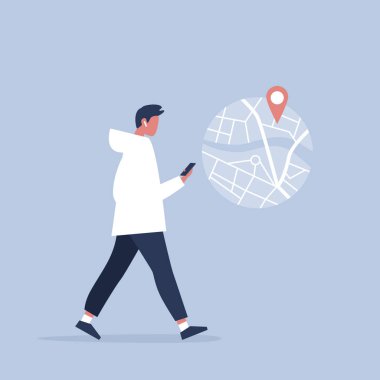 Gezinme app. harita ve coğrafi etiket kullanarak genç erkek karakter. Millennials ve cihazlar. Düz düzenlenebilir vektör çizim, küçük resim
