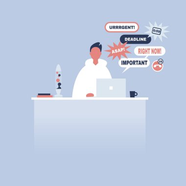 Genç manager a demet-in laptop Messenger bildirimleri alma. Sorun giderme. Son başvuru tarihleri ve acil görevler. İş durumu. Düz düzenlenebilir vektör çizim, küçük resim