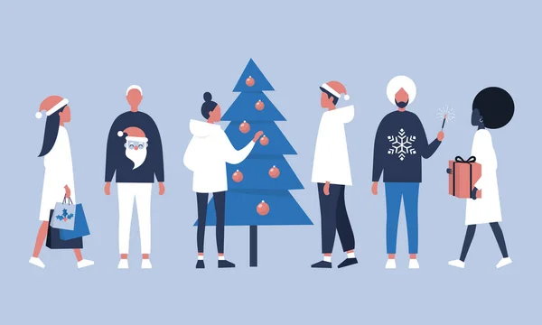 一群人在庆祝圣诞节 年轻的成年人戴着圣诞老人的帽子 拿着礼物 装饰着圣诞树 平面可编辑的矢量插图 剪贴画 — 图库矢量图片