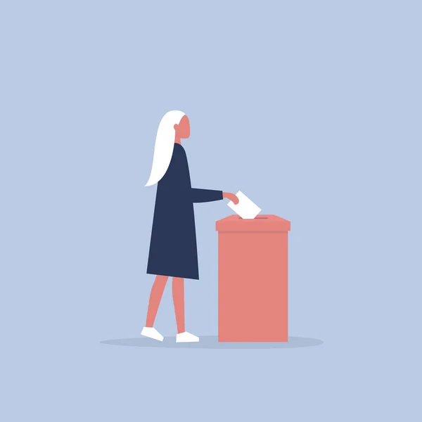Abstimmung Konzeptionelle Illustration Junge Weibliche Figur Die Wahlen Teilnimmt Flache — Stockvektor