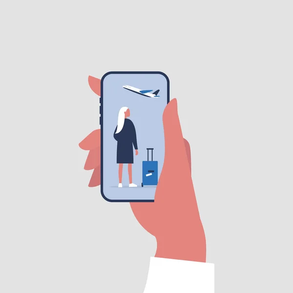 Aplicação Viagens Novas Tecnologias Mão Segurando Smartphone Ilustração Vetorial Editável — Vetor de Stock