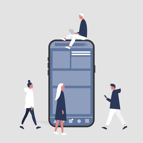 Bir grup oturma, ayakta ve yakınındaki bir akıllı telefon tarafından yürüme insan. Sosyal medya hayat. Dijital alan. Bin yıllık kullanıcılar. Düz düzenlenebilir vektör çizim, küçük resim