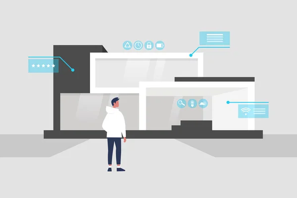 스마트 인터페이스입니다 새로운 기술입니다 생활양식입니다 윈도우입니다 데이터입니다 남자는 건물의 캐릭터 — 스톡 벡터