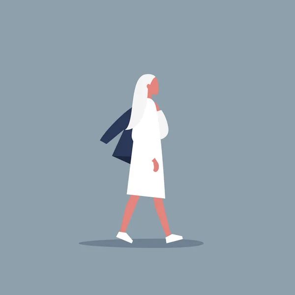 Jovem Personagem Moderno Feminino Andando Com Jaqueta Sobre Ombro Estilo — Vetor de Stock