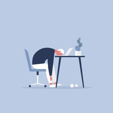 Mesleki tükenmişlik. Genç Yöneticisi ofiste oturan bitkin. Uzun çalışma günü. Millennials iş başında. Düz düzenlenebilir vektör çizim, küçük resim